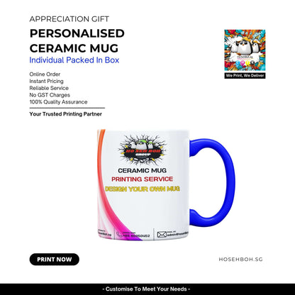 Personalized ceramic mug in a box for gifts, featuring printing service and custom design options from Hosehboh.