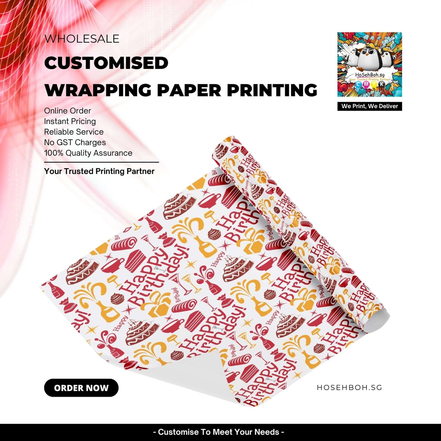 Colourful customised wrapping paper printing featuring birthday designs, perfect for gifting.
