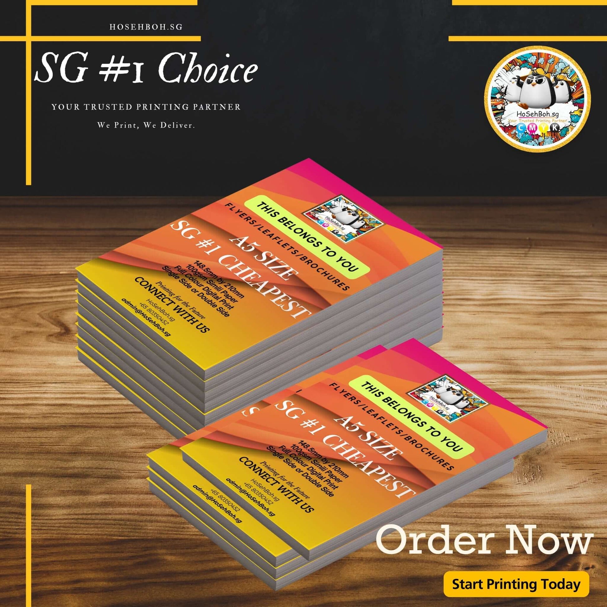 A5 digital flyers stacked for affordable printing service in Singapore. Fast, reliable, and cost-effective solutions.