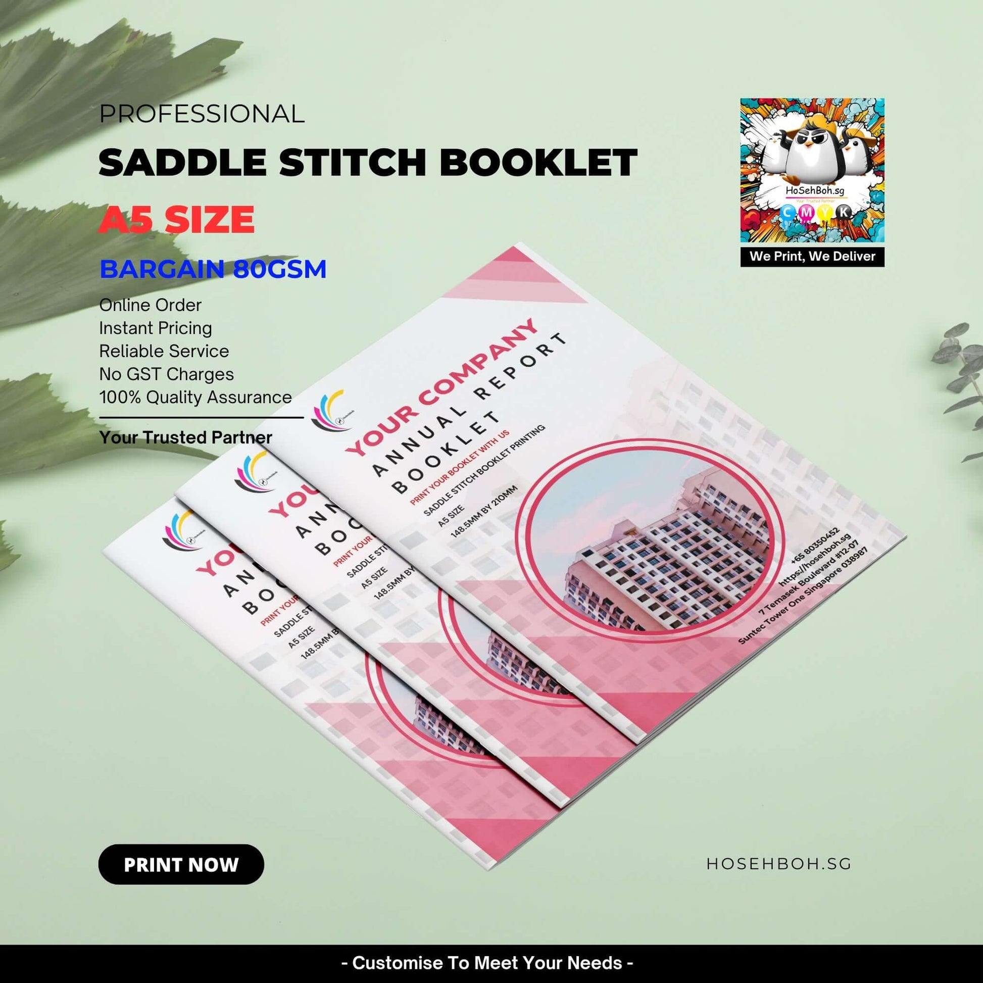 A5 saddle stitch booklet showcasing vibrant cover design, with professional layout and print services information.