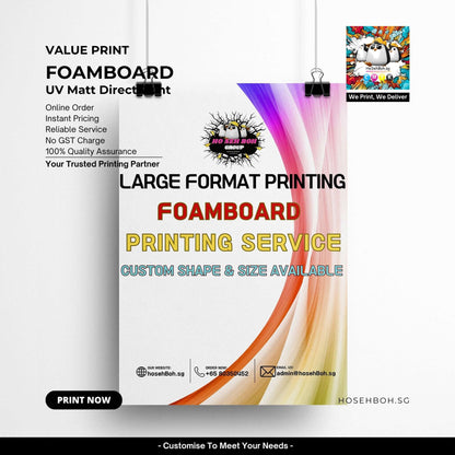 Promotional poster for large format printing of cheap foamboard services in Singapore, showcasing custom shapes and sizes.