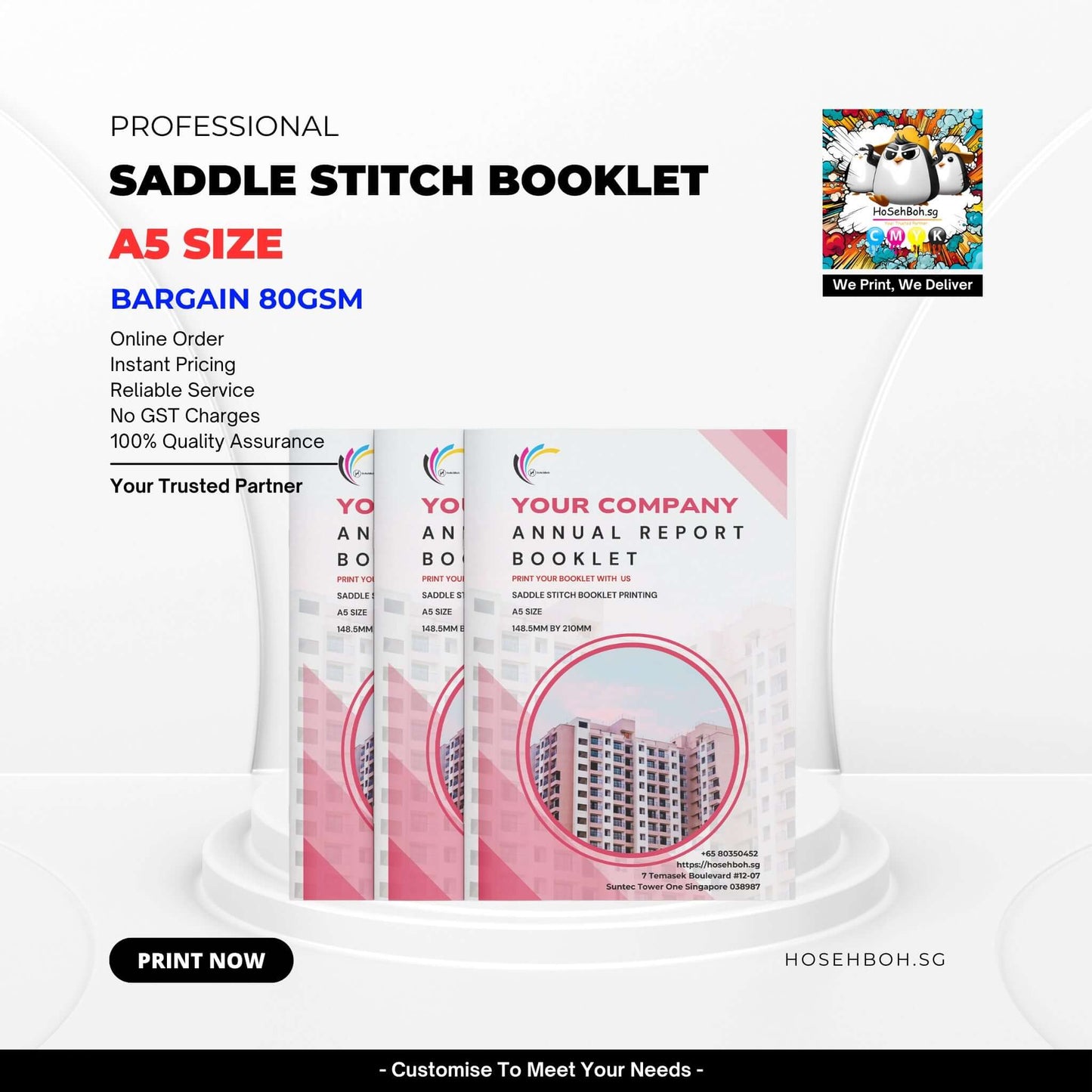 A5 Saddle Stitch Booklet showcasing vibrant design, perfect for annual reports and offset printing in Singapore.