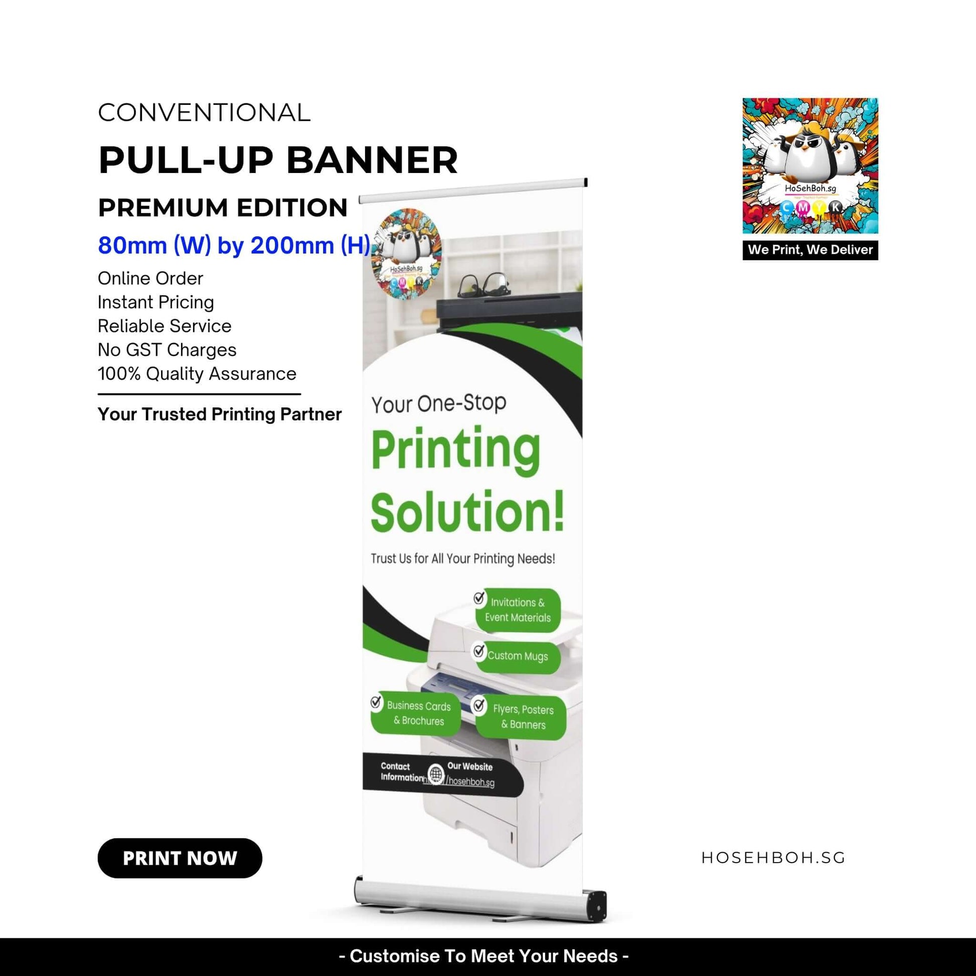 Premium pull-up banner showcasing high-quality printing solution for marketing needs, customizable and reliable service in Singapore.