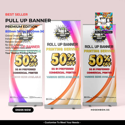 Pull up banner showcasing premium edition with 50% off offer, designed for effective marketing display.
