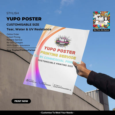 Hand holding a Yupo poster showcasing customizable size, water resistance, and quality printing services.