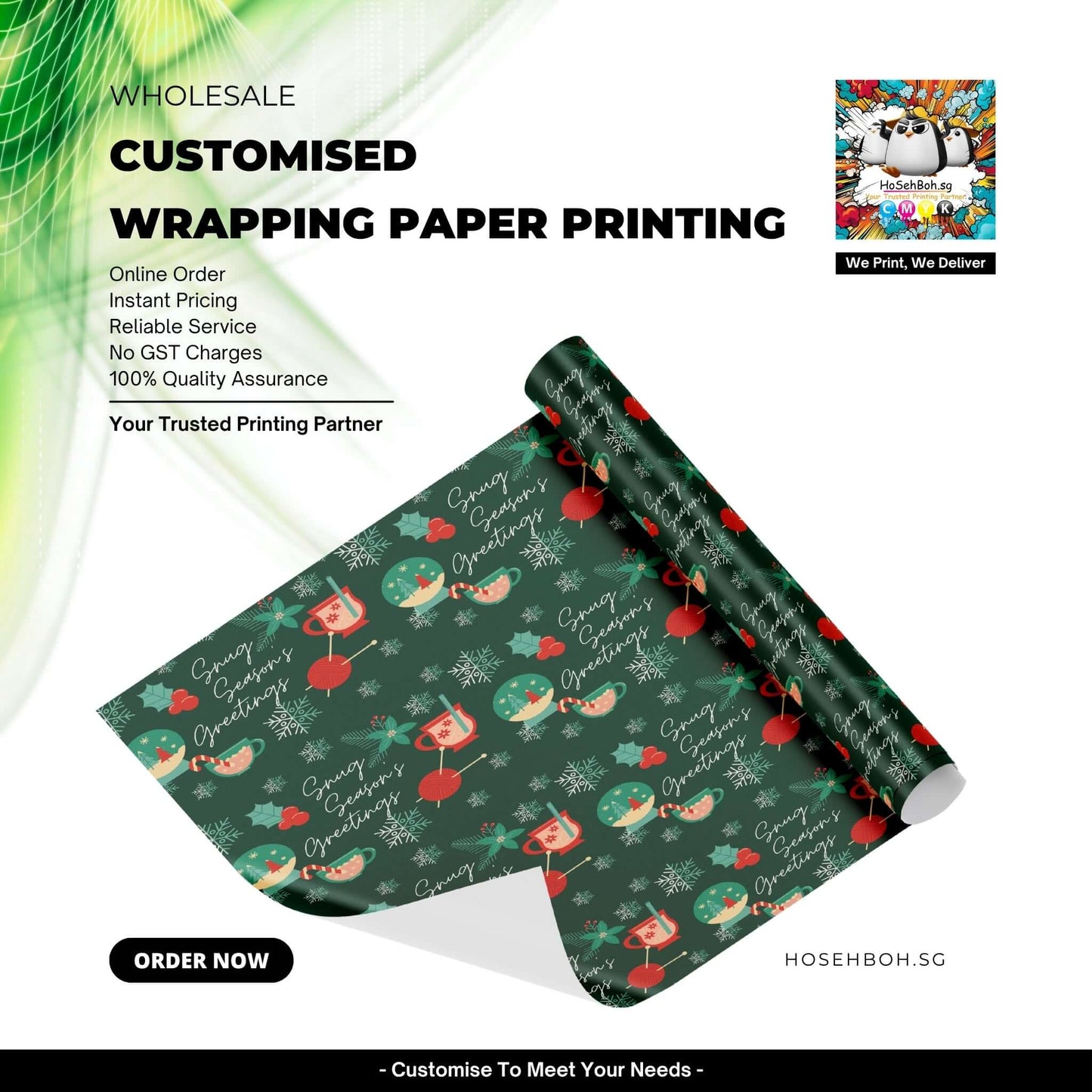Customised Wrapping Paper Printing showcasing vibrant festive designs and holiday themes, available for wholesale orders.