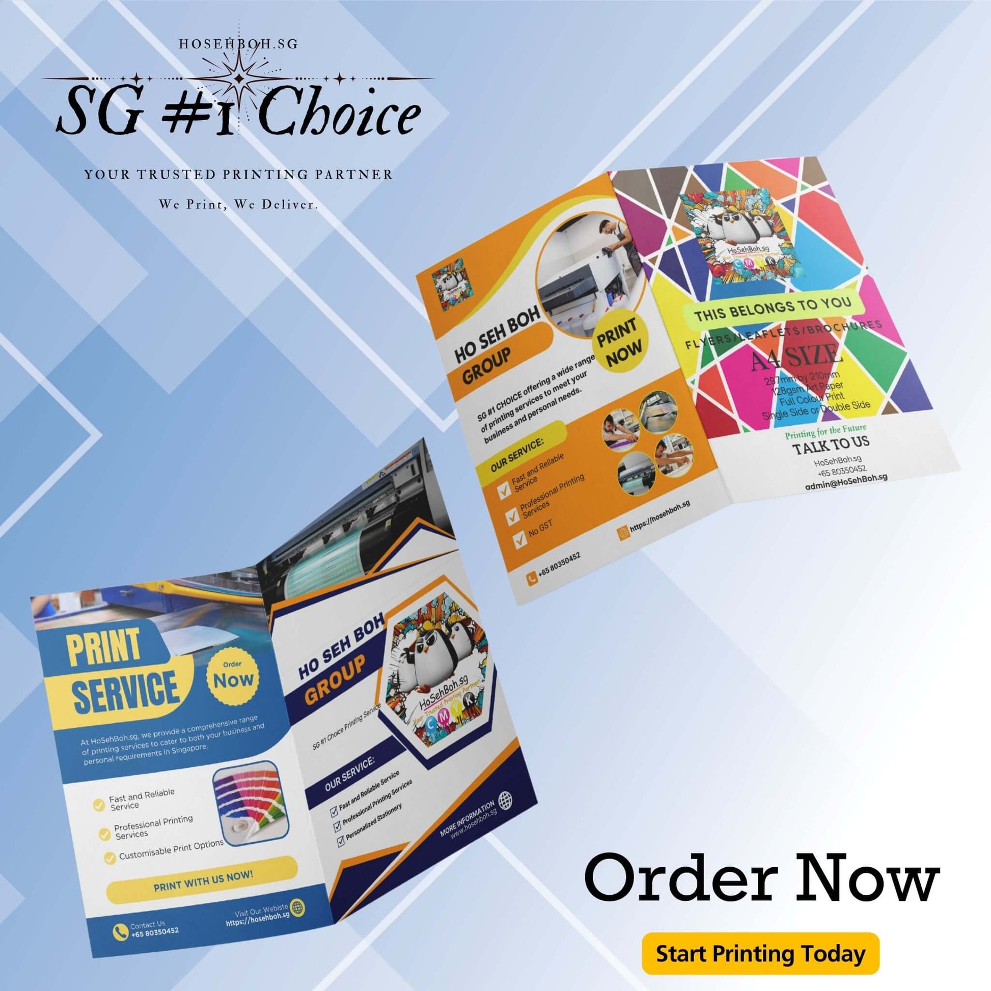 A5 half fold brochure promoting printing services. Order online for the best A4 flyer printing in Singapore.