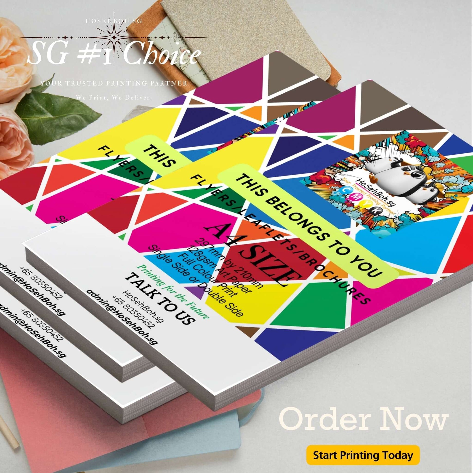 Vibrant A4 digital flyers printed, showcasing colorful design with 'Order Now' text for easy promotions.