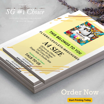 A4 flyer printing service showcasing vibrant design and details, promoting SG's #1 choice for affordable digital prints.