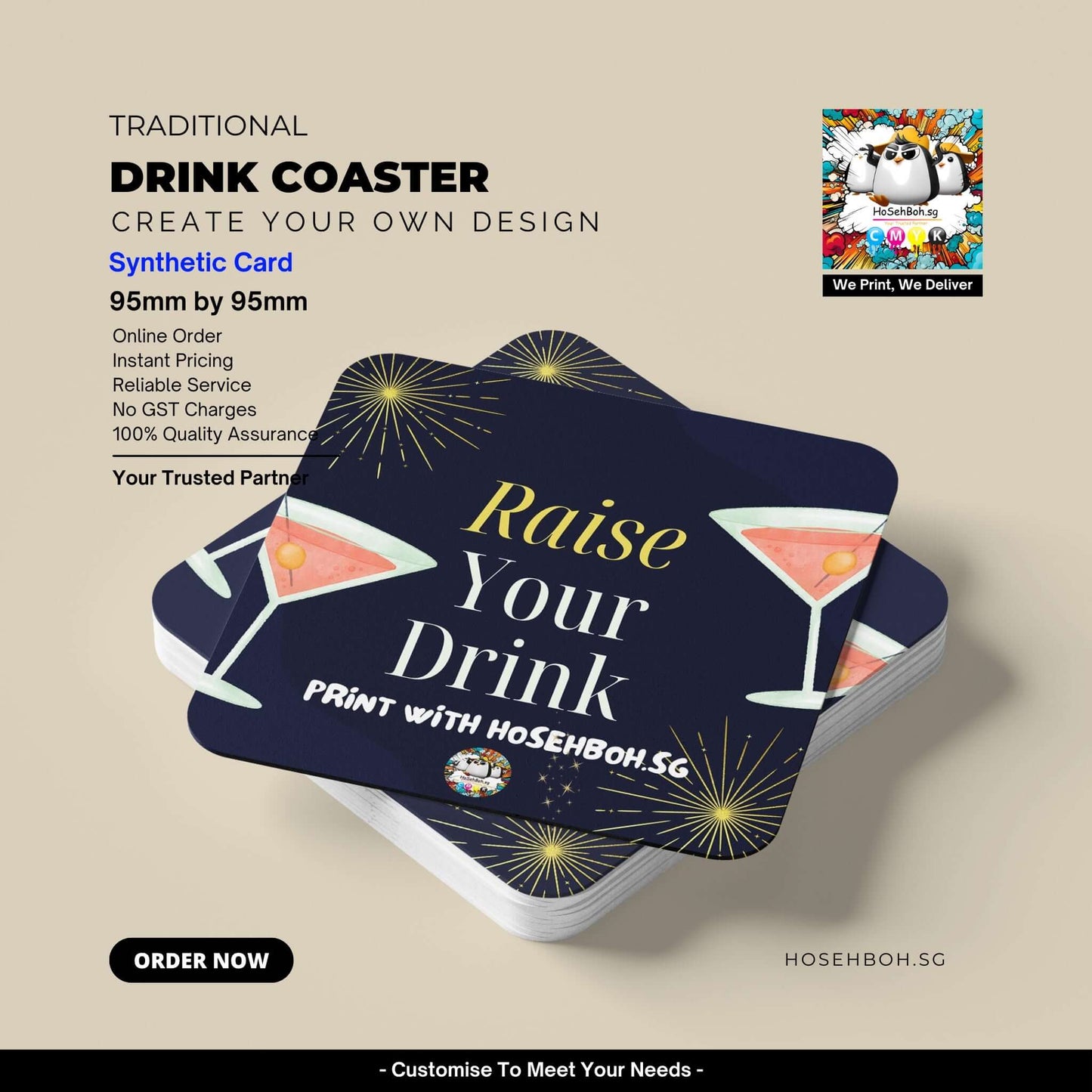 Customized drink coasters with cocktail design, ideal for restaurants and bars by HoSehBoh.sg.