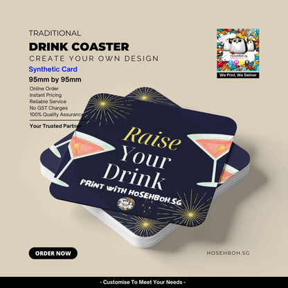 Customized drink coasters with cocktail design, ideal for restaurants and bars by HoSehBoh.sg.