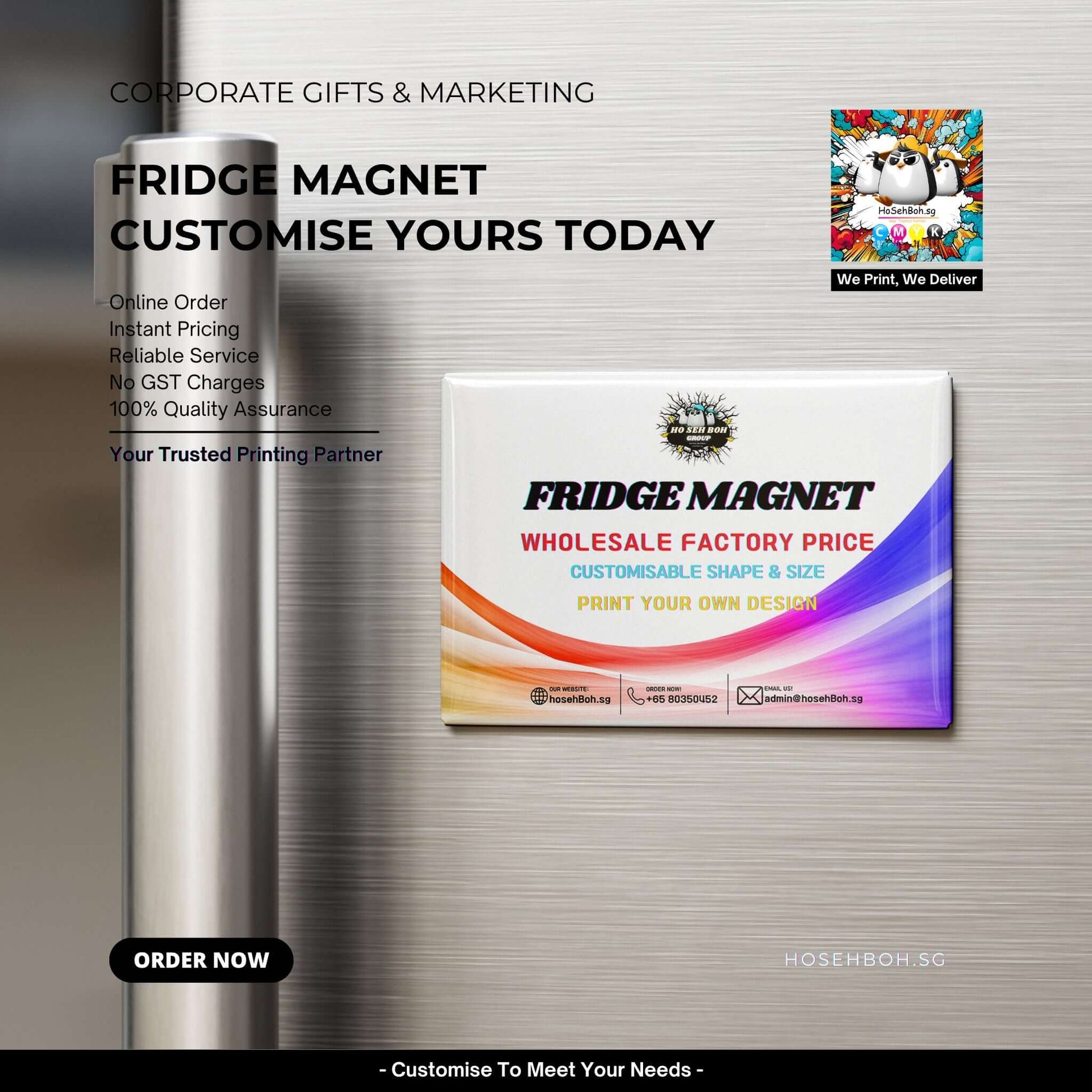 Fridge Magnet Printing - Custom fridge magnet on stainless steel surface, showcasing wholesale price and personalization options.