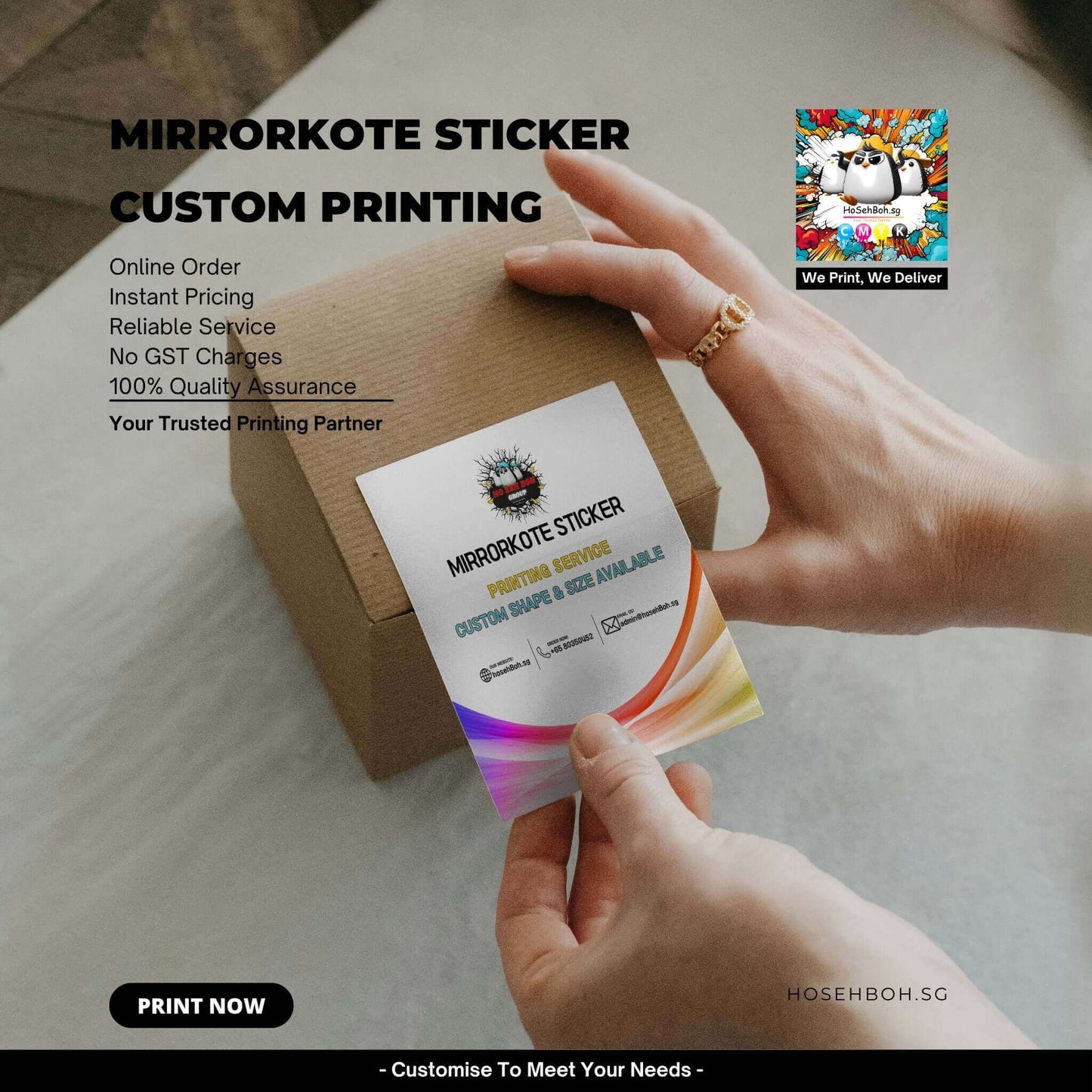 Mirrorkote Label Sticker showcased with a box, featuring custom printing options and service details.