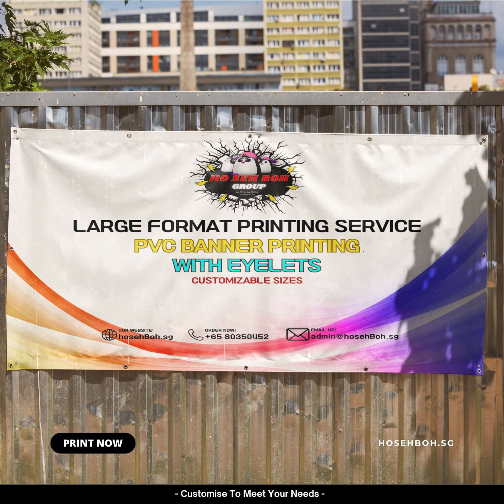 Large format PVC banner printing service with eyelets, customizable sizes, showcased by hosehBoh.sg.