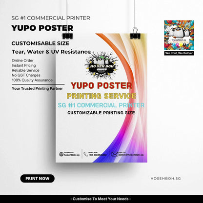 Yupo poster printing service showcasing customizable size, tear-resistant, water-resistant features.