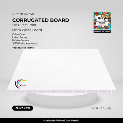 Corrugated board with UV direct print, 5mm white board, ideal for custom sizes and online ordering.