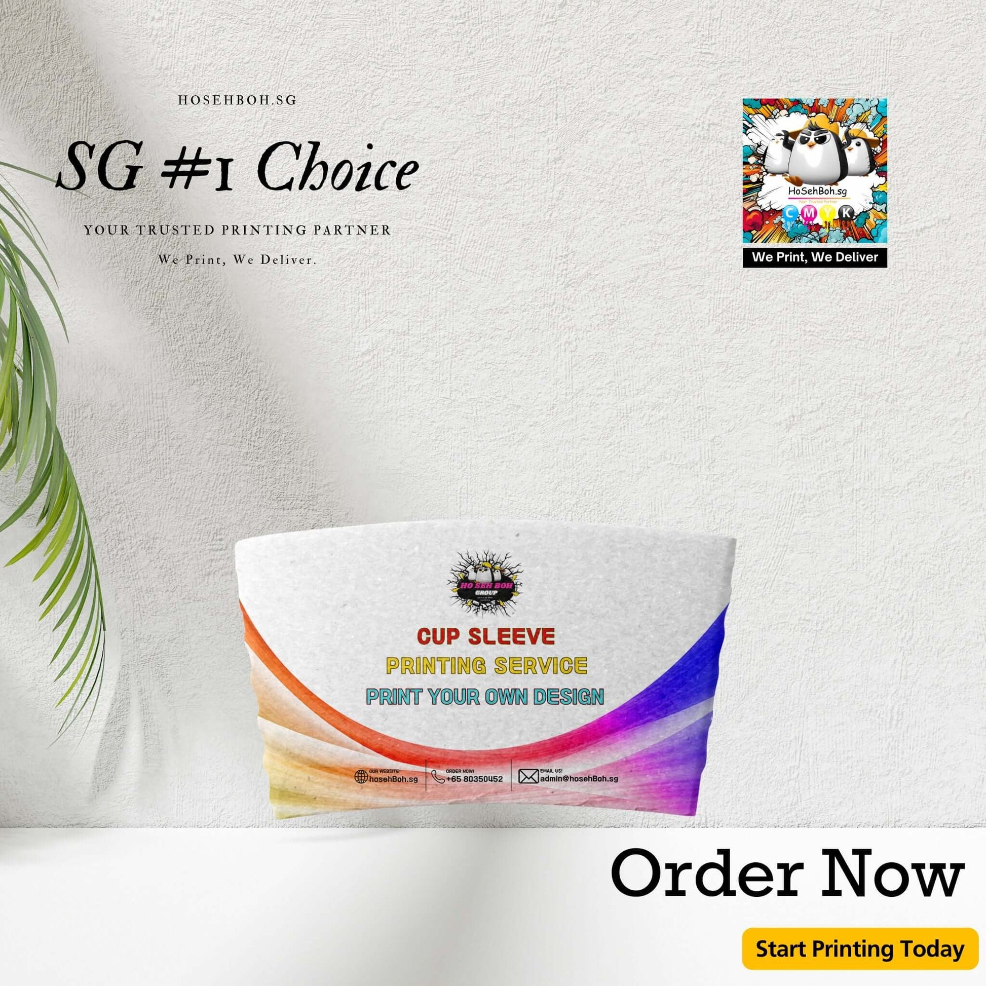 Colorful cup sleeve showcasing custom printing services, with a call to action to order now.
