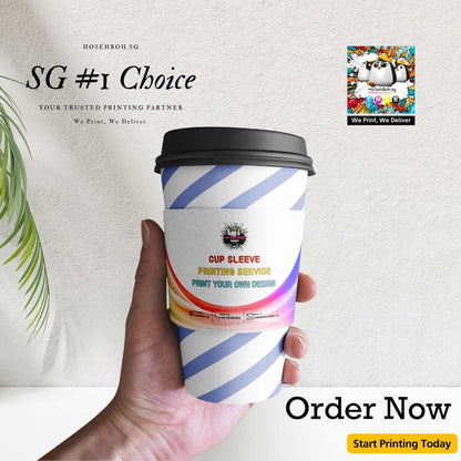 Custom cup sleeve design for cafes, showcasing vibrant colors and personal printing service. Order now!