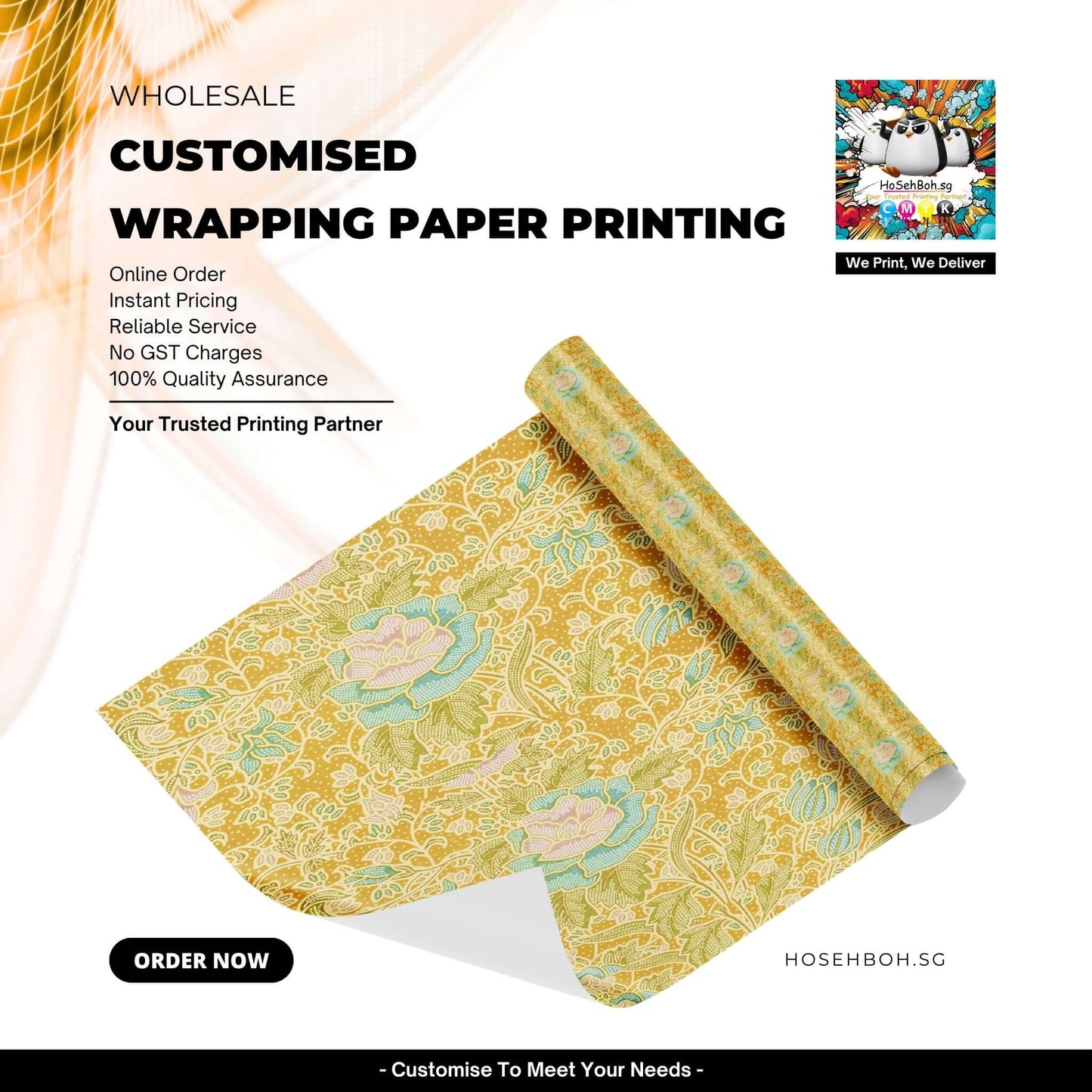 Customised Wrapping Paper Printing featuring floral design in yellow and blue on a roll.