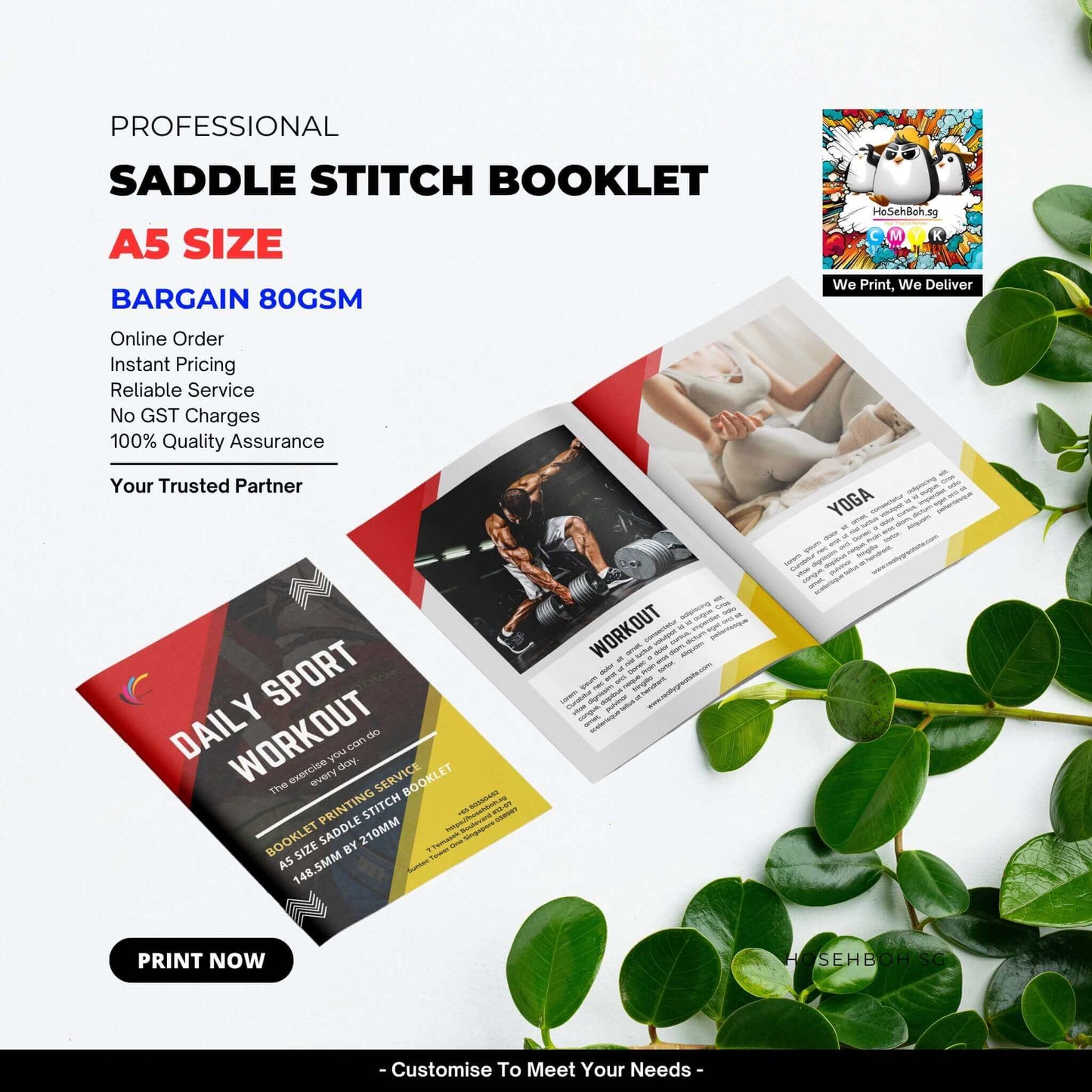 Professional A5 saddle stitch booklet showcasing sports and yoga themes, highlighting digital printing in Singapore.