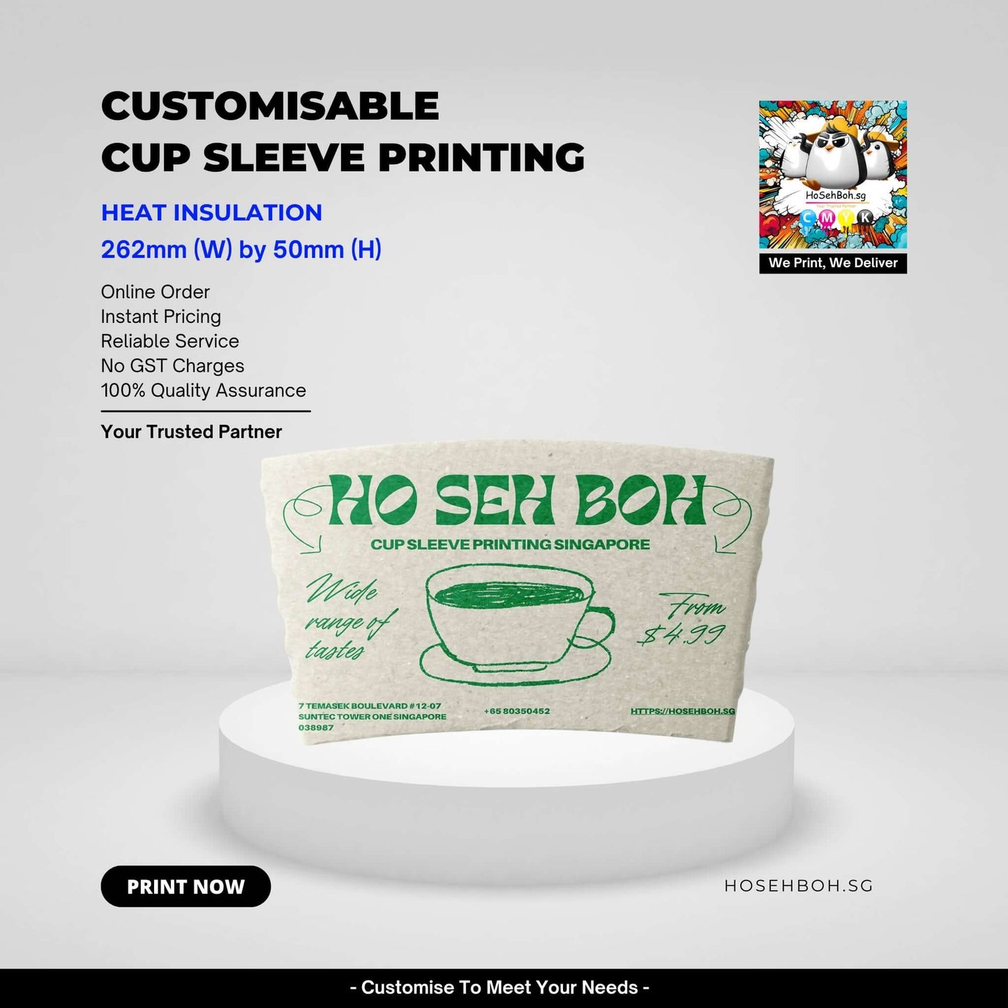 Customisable cup sleeve printing showcasing heat insulation features and online ordering details in Singapore.