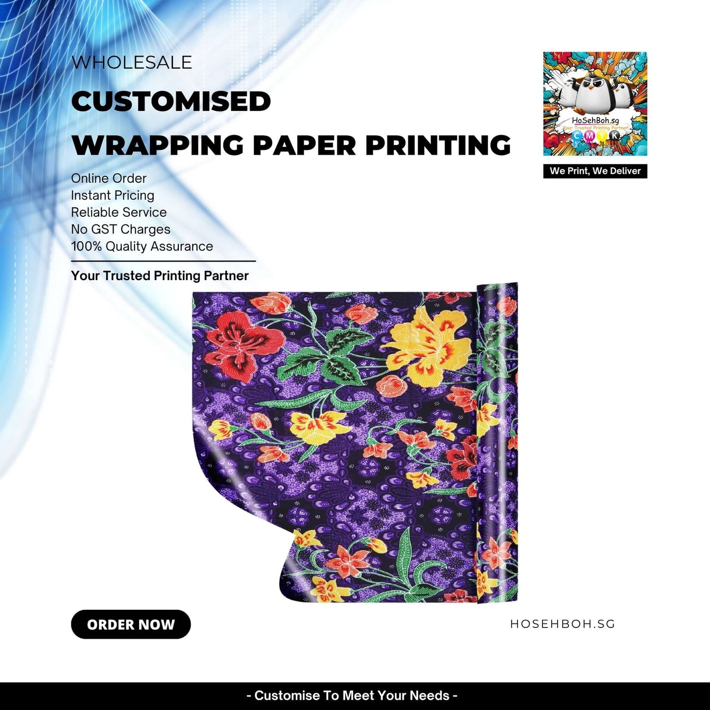 Customised Wrapping Paper Printing featuring colorful floral design on quality paper for unique gift wrapping.