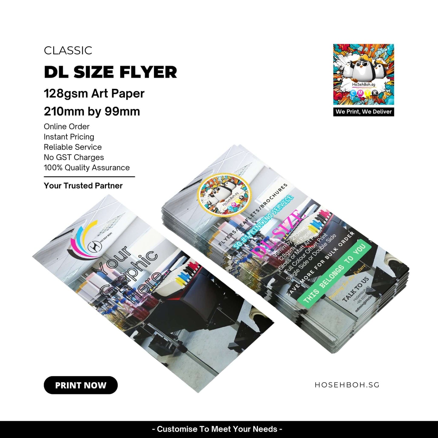 DL size flyer printed on 128gsm art paper, showcasing vibrant colors and professional design for business promotion.