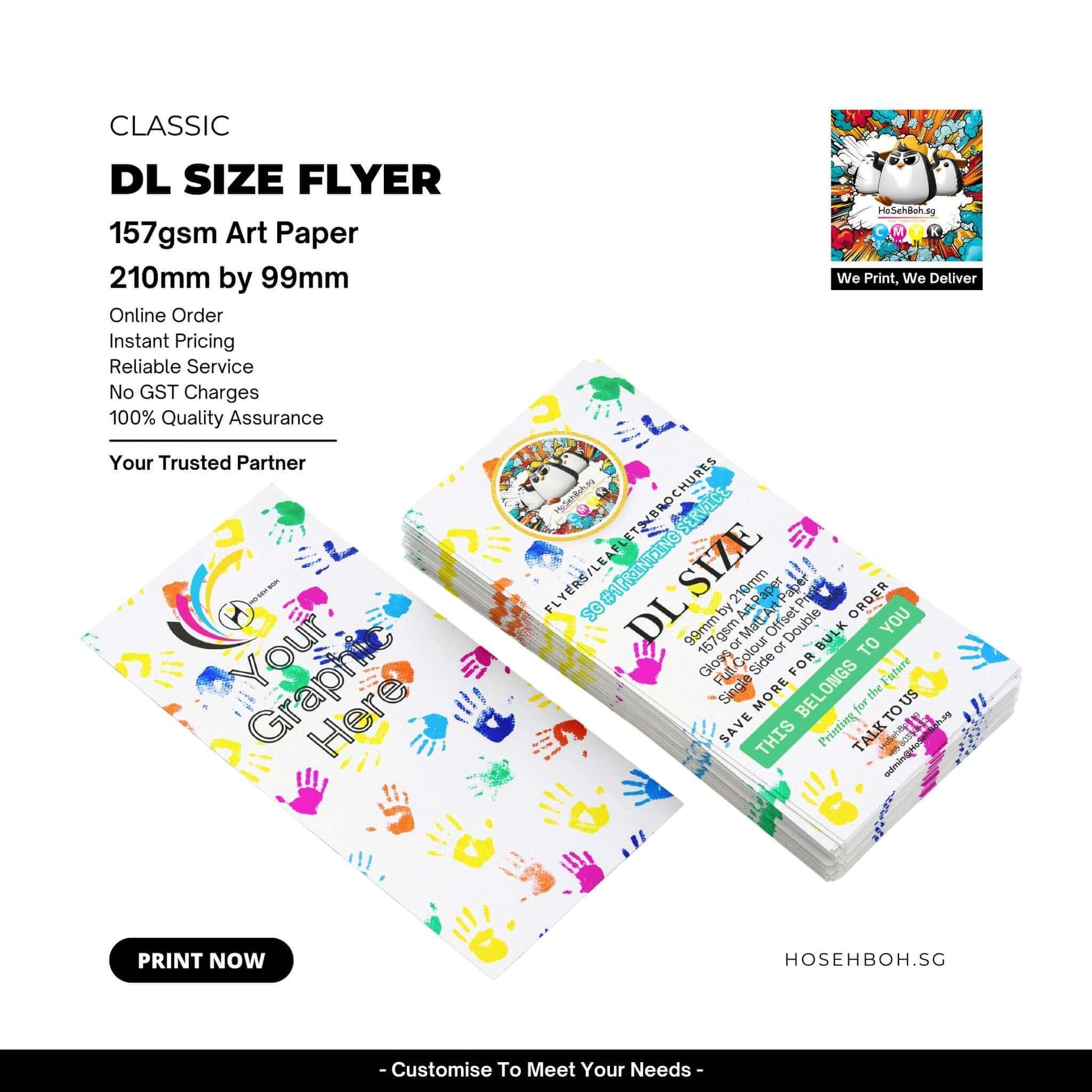 Custom DL flyers on 157gsm art paper, showcasing vibrant designs for effective marketing in Singapore.