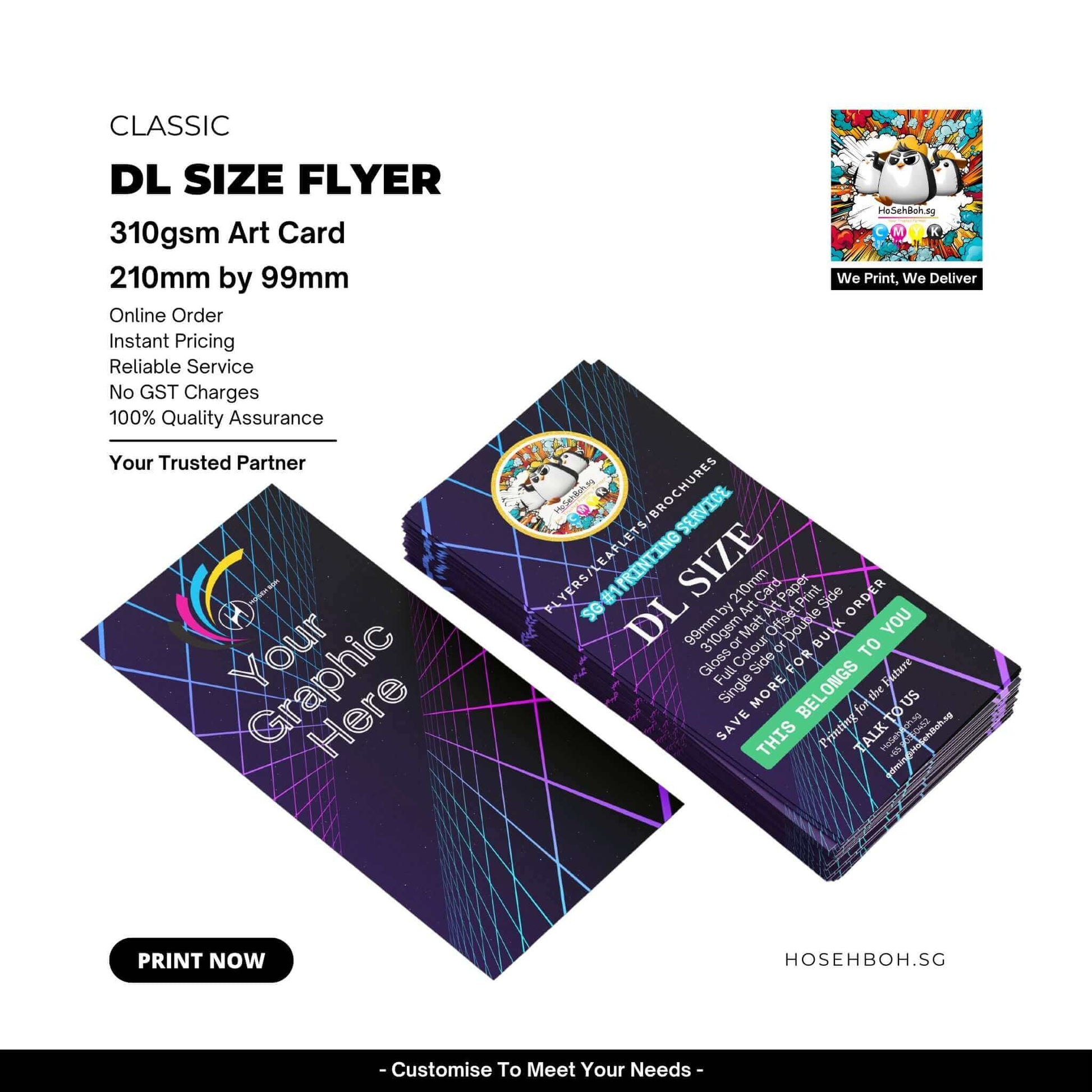 DL size flyer 310gsm art card showcasing vibrant design, perfect for marketing in Singapore.
