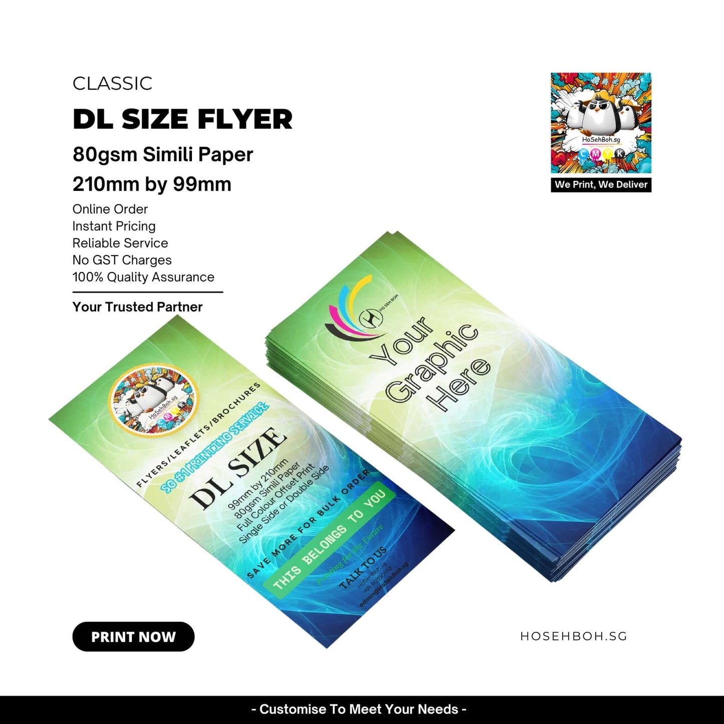 Classic DL size flyer printed on 80gsm simili paper, 210mm x 99mm, showcasing vibrant design and promoting printing services.