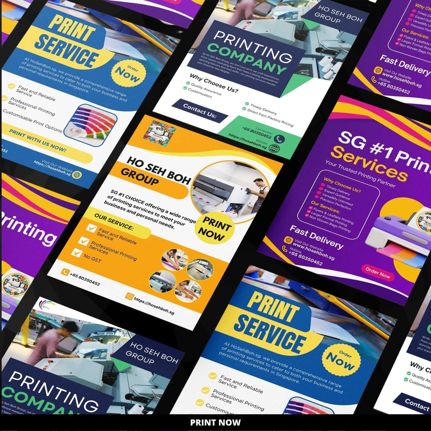 Collage of colorful flyer designs showcasing printing services by Ho Seh Boh Group in Singapore.