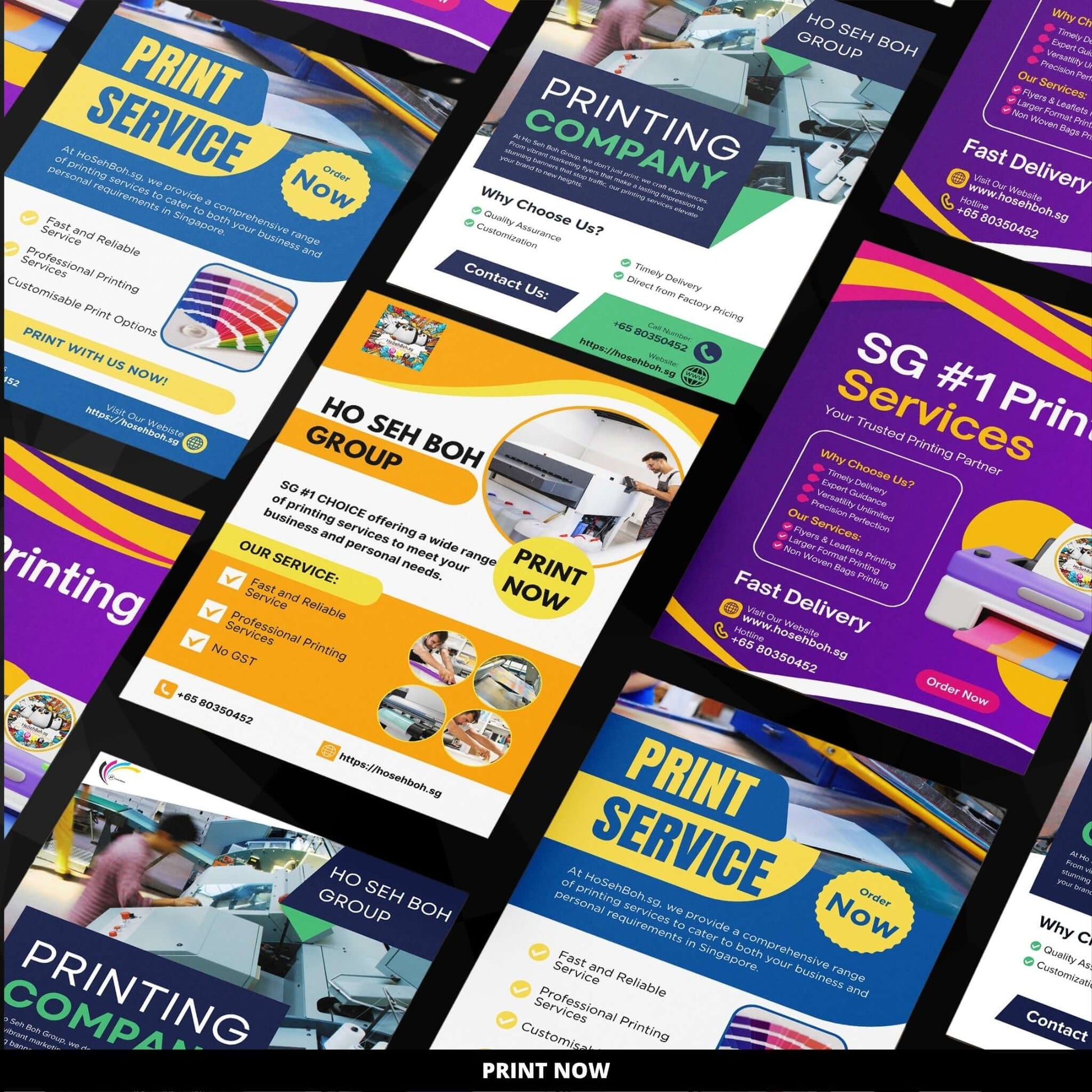 Collage of colorful flyer designs showcasing printing services by Ho Seh Boh Group in Singapore.