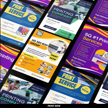 Collage of colorful flyer designs showcasing printing services by Ho Seh Boh Group in Singapore.