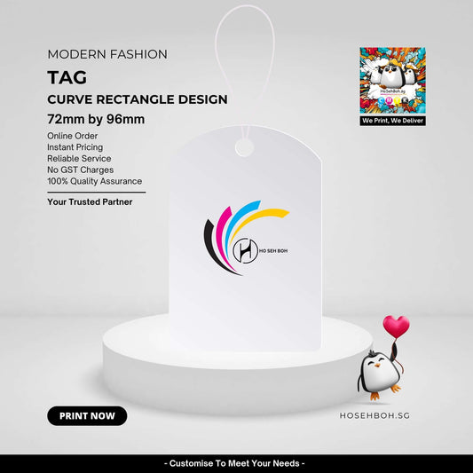 Curved rectangle hang tag design showcasing branding logo, ideal for product labeling, Cheapest hang tag label printing Singapore.