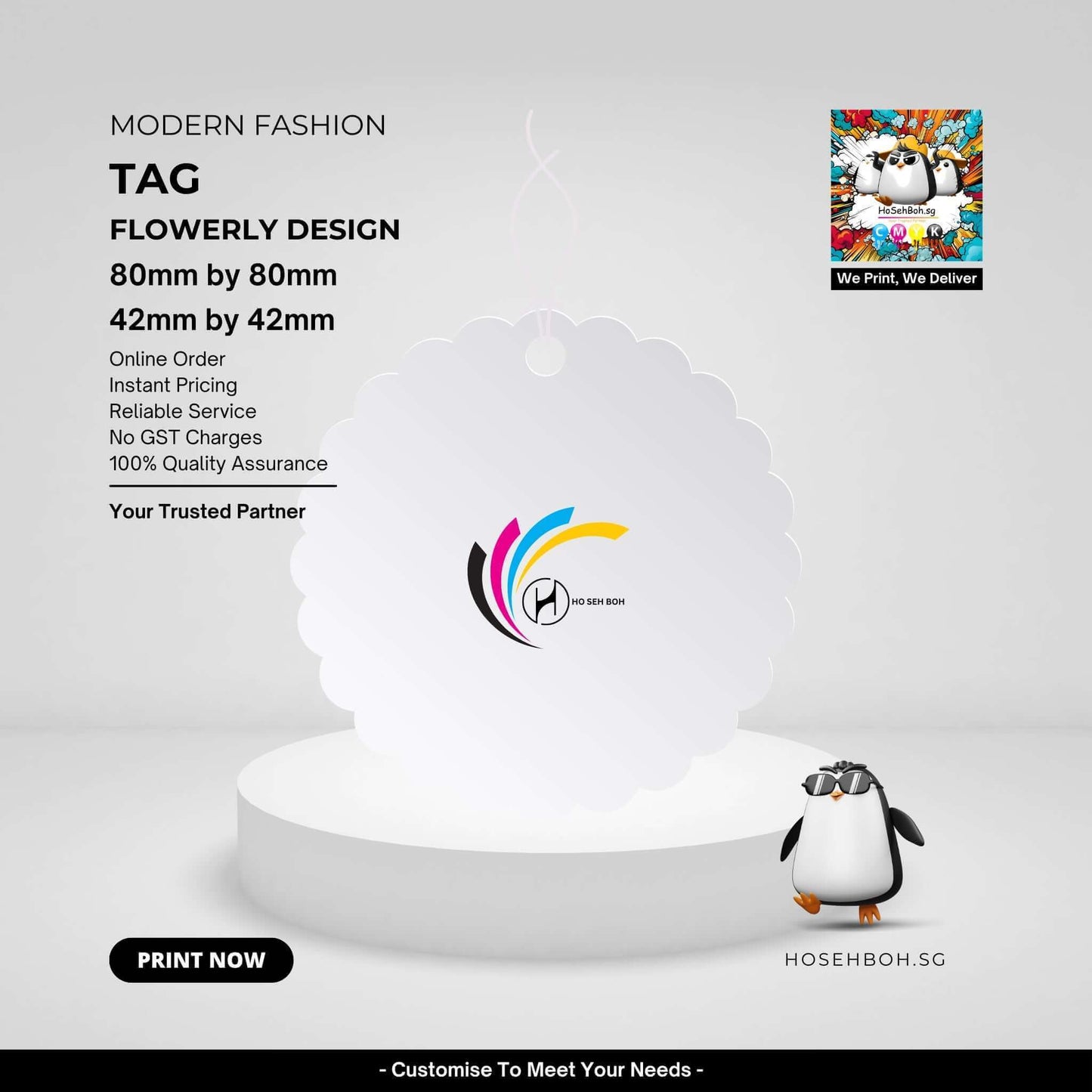 Hang tag label with flowerly design, customizable sizes, showcasing printing services by HoSehBoh.sg.