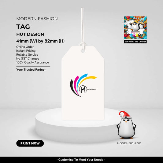 Hang tag with hut design, 411mm x 82mm, customizable for branding, offering the cheapest hang tag label printing service in Singapore.