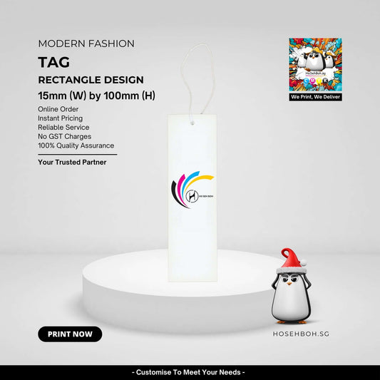 Custom rectangle hang tag design for modern fashion products, 15mm x 100mm, by HoSehBoh.sg.