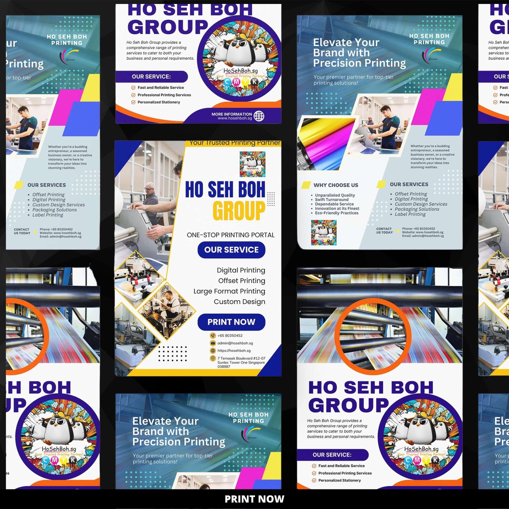 Collage of various colorful flyer designs inspirations showcasing high quality printing services near me in Singapore by reputable Ho Seh Boh Group.