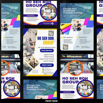 Collage of various colorful flyer designs inspirations showcasing high quality printing services near me in Singapore by reputable Ho Seh Boh Group.