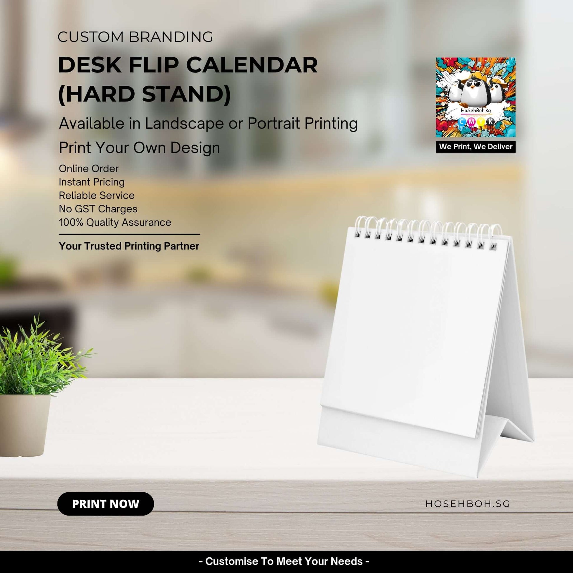Custom branding desk flip calendar in hard stand, available for landscape or portrait printing by Ho Seh Boh Group.