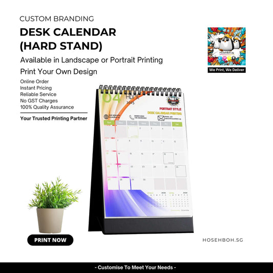 Custom branded desk calendar available in hard stand, landscape or portrait printing, with features highlighted.