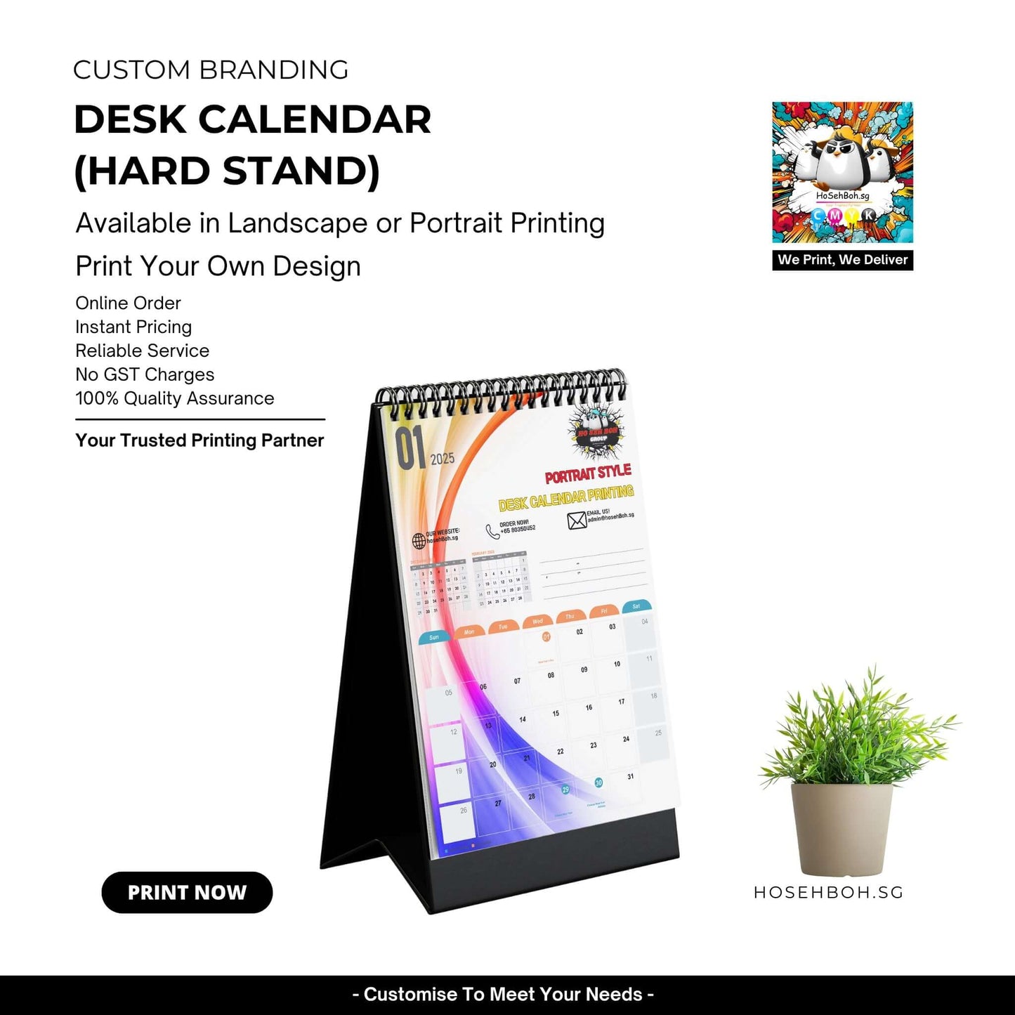 Customizable desk calendar on a hard stand, showcasing portrait style for personalized printing options.