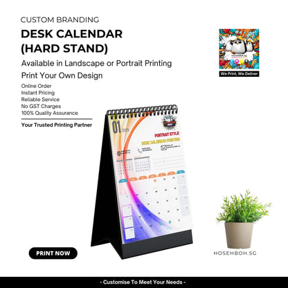 Customizable desk calendar on a hard stand, showcasing portrait style for personalized printing options.