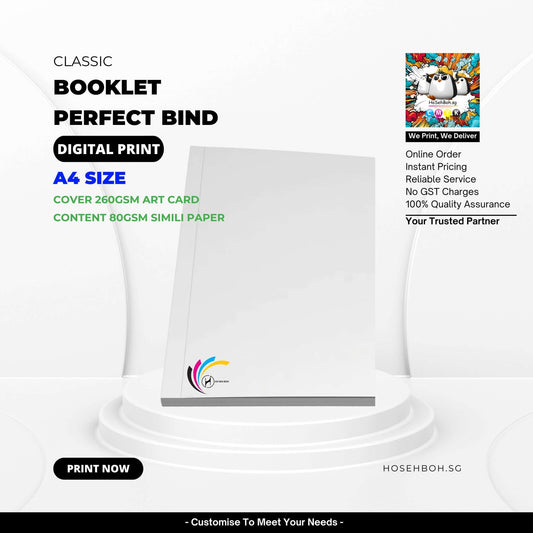 A4 Perfect Bind Booklet mockup showcasing 260gsm art card cover and 80gsm simili paper, Digital Printing Service Singapore.