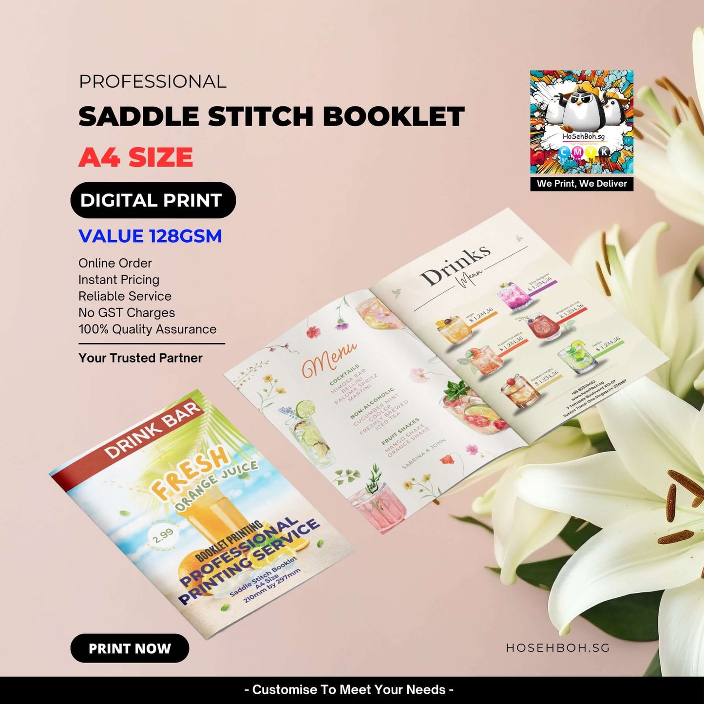 A4 size saddle stitch booklet showcasing drinks menu and promotional details, digital printing service in Singapore.