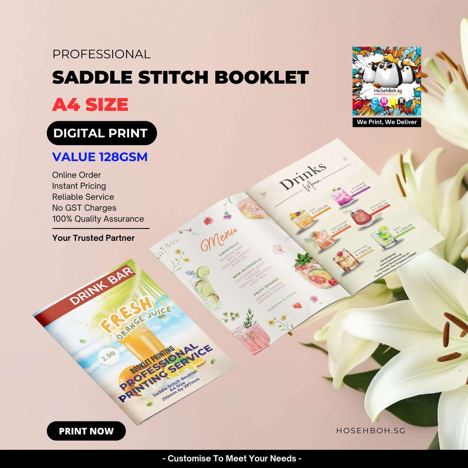 A4 size saddle stitch booklet showcasing drinks menu and promotional details, digital printing service in Singapore.