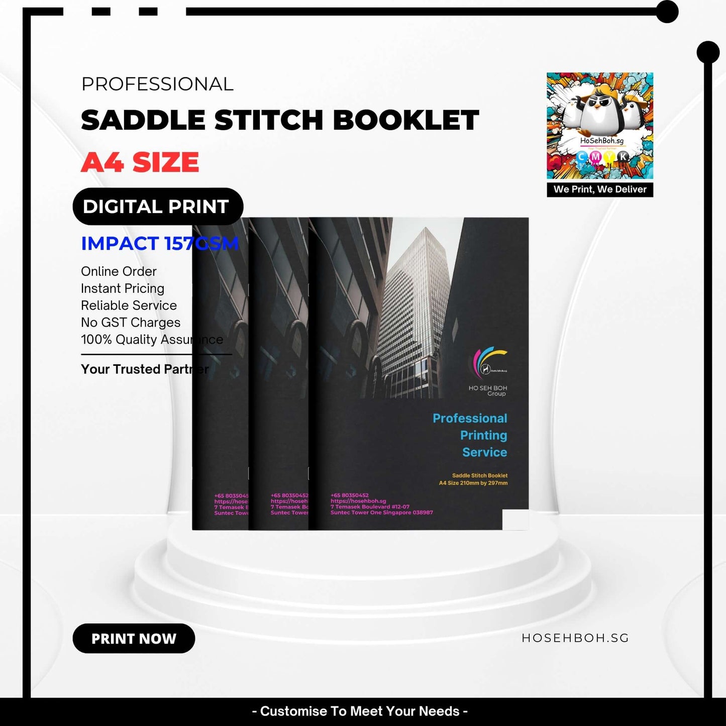 A4 size saddle stitch booklet showcasing digital printing service in Singapore, featuring instant pricing and quality assurance.
