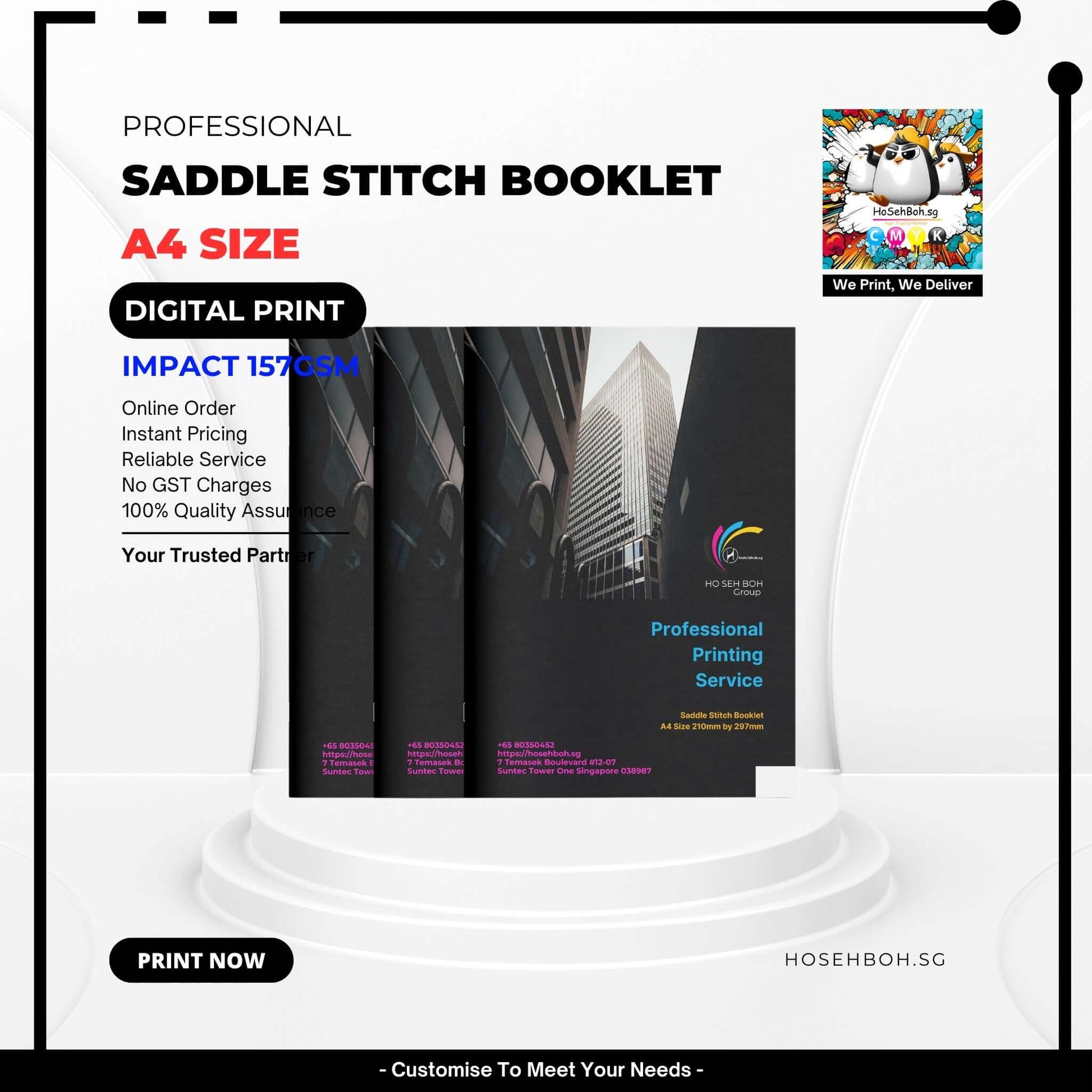 A4 size saddle stitch booklet showcasing digital printing service in Singapore, featuring instant pricing and quality assurance.