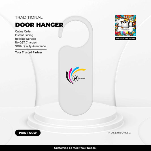 Traditional door hanger offset printing with vibrant colours from Ho Seh Boh Group Singapore, promoting reliable printing service and quality assurance.