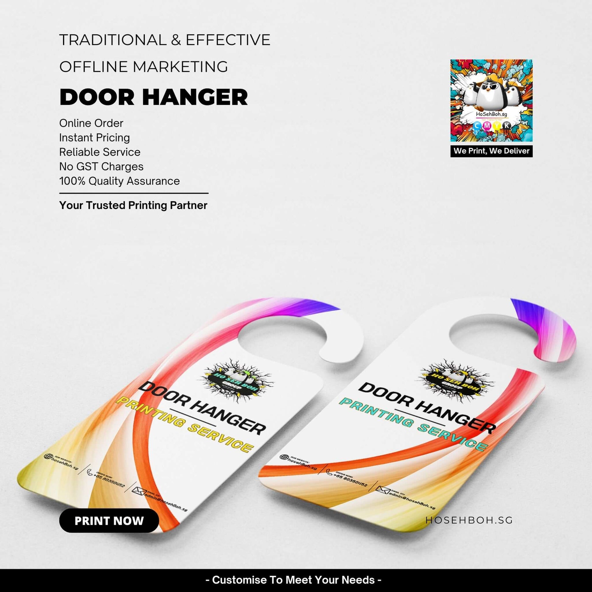 Colorful door hangers promoting printing services with online ordering and instant pricing options.